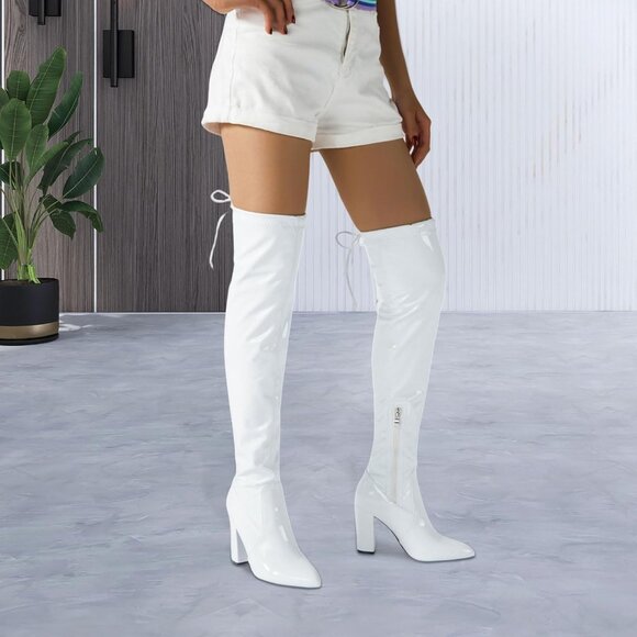 Women A-white Leather Pointed Toe Zipper Over The Knee Thigh High Long Boots - Picture 5 of 6